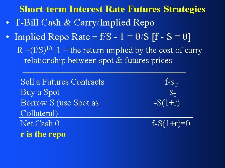 Short-term Interest Rate Futures Strategies • T-Bill Cash & Carry/Implied Repo • Implied Repo