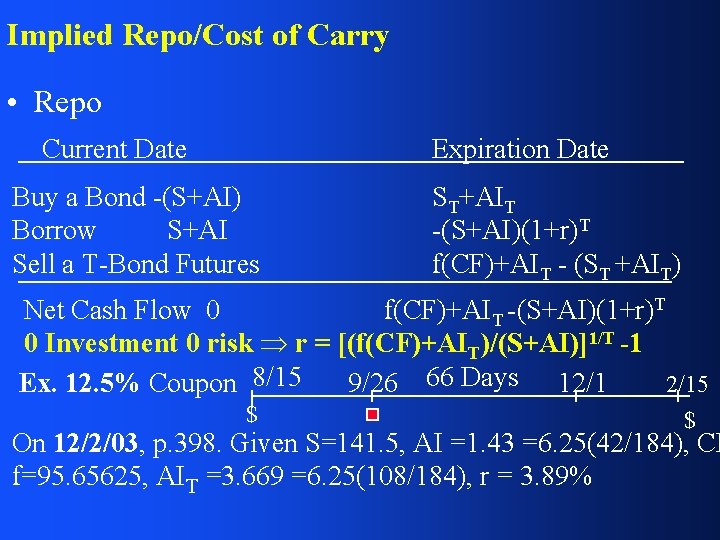 Implied Repo/Cost of Carry • Repo Current Date Expiration Date Buy a Bond -(S+AI)