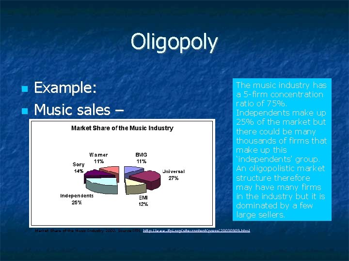Oligopoly Example: Music sales – The music industry has a 5 -firm concentration ratio