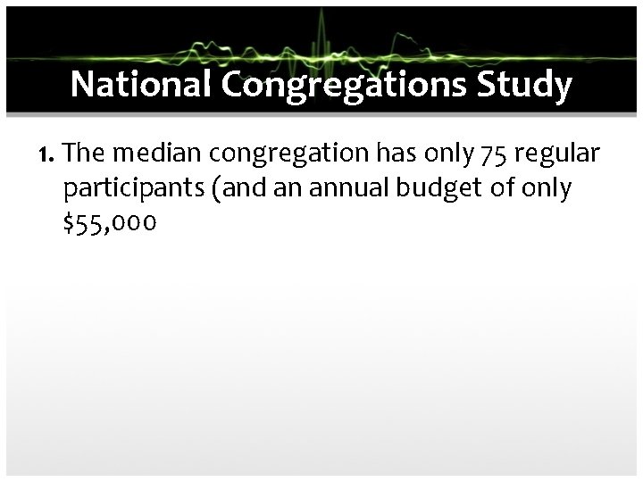 National Congregations Study 1. The median congregation has only 75 regular participants (and an