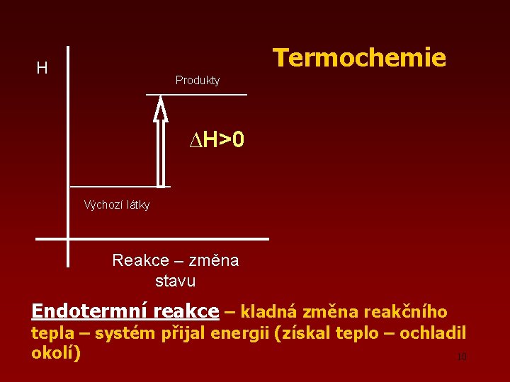 Termochemie H Produkty ∆H>0 Výchozí látky Reakce – změna stavu Endotermní reakce – kladná