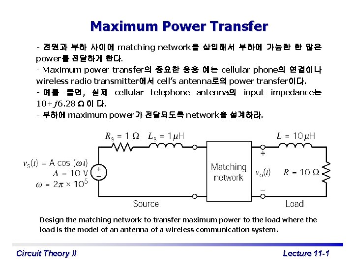 Maximum Power Transfer - 전원과 부하 사이에 matching network을 삽입해서 부하에 가능한 한 많은