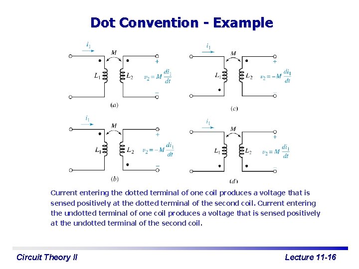 Dot Convention - Example Current entering the dotted terminal of one coil produces a
