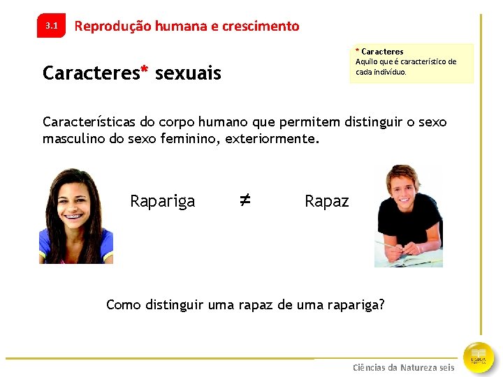 3. 1 Reprodução humana e crescimento * Caracteres Aquilo que é característico de cada