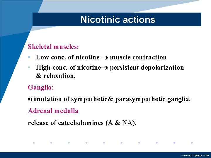 Nicotinic actions Skeletal muscles: • Low conc. of nicotine muscle contraction • High conc.