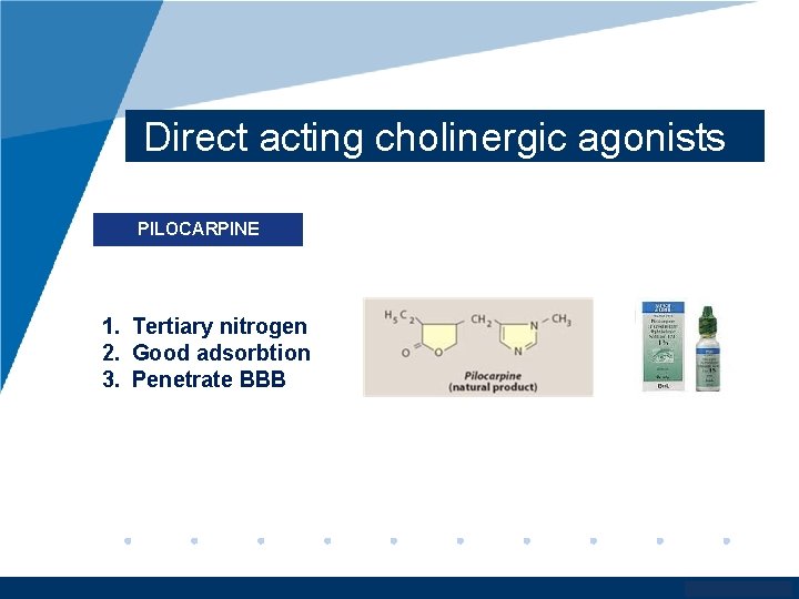 Direct acting cholinergic agonists PILOCARPINE 1. Tertiary nitrogen 2. Good adsorbtion 3. Penetrate BBB