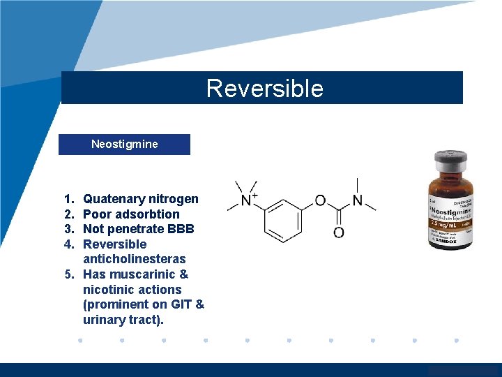 Reversible Neostigmine 1. 2. 3. 4. Quatenary nitrogen Poor adsorbtion Not penetrate BBB Reversible