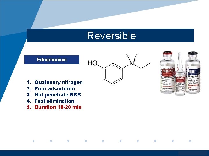 Reversible Edrophonium 1. 2. 3. 4. 5. Quatenary nitrogen Poor adsorbtion Not penetrate BBB