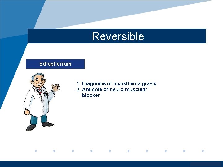 Reversible Edrophonium 1. Diagnosis of myasthenia gravis 2. Antidote of neuro-muscular blocker www. company.