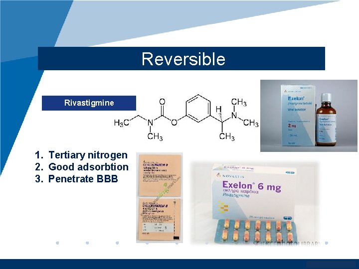 Reversible Rivastigmine 1. Tertiary nitrogen 2. Good adsorbtion 3. Penetrate BBB www. company. com