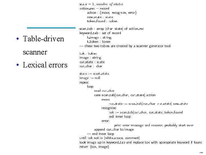  • Table-driven scanner • Lexical errors 14 