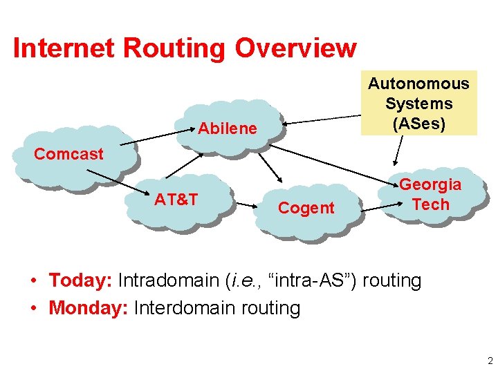 Internet Routing Overview Autonomous Systems (ASes) Abilene Comcast AT&T Cogent Georgia Tech • Today: