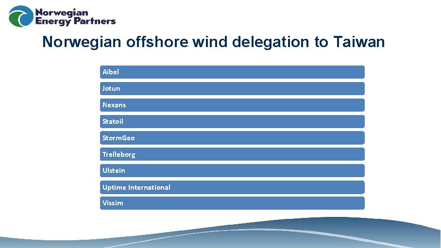 Norwegian offshore wind delegation to Taiwan Aibel Jotun Nexans Statoil Storm. Geo Trelleborg Ulstein