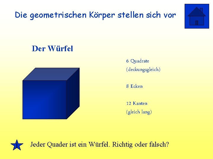 Die geometrischen Körper stellen sich vor Der Würfel 6 Quadrate (deckungsgleich) 8 Ecken 12