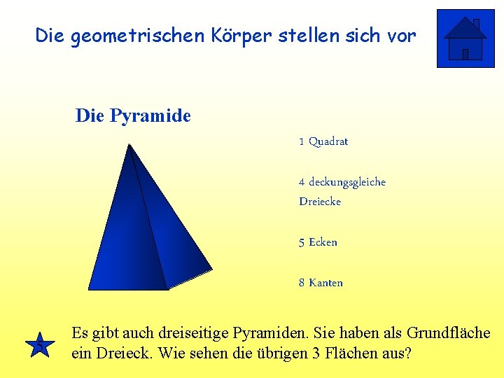 Die geometrischen Körper stellen sich vor Die Pyramide 1 Quadrat 4 deckungsgleiche Dreiecke 5