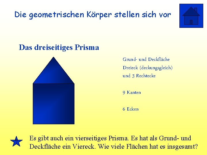 Die geometrischen Körper stellen sich vor Das dreiseitiges Prisma Grund- und Deckfläche Dreieck (deckungsgleich)