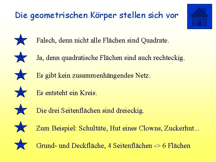 Die geometrischen Körper stellen sich vor 1 Falsch, denn nicht alle Flächen sind Quadrate.