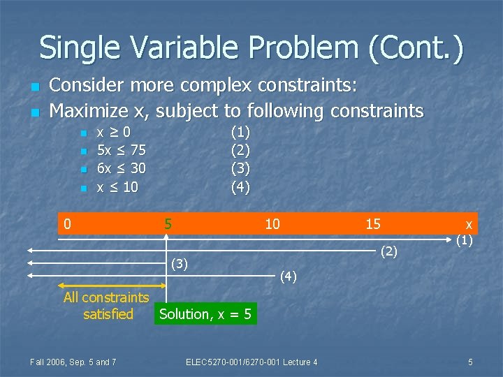 Single Variable Problem (Cont. ) n n Consider more complex constraints: Maximize x, subject