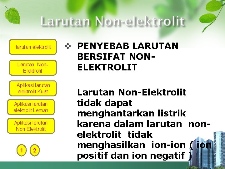 larutan elektrolit Larutan Non. Elektrolit Aplikasi larutan elektrolit Kuat Aplikasi larutan elektrolit Lemah Aplikasi