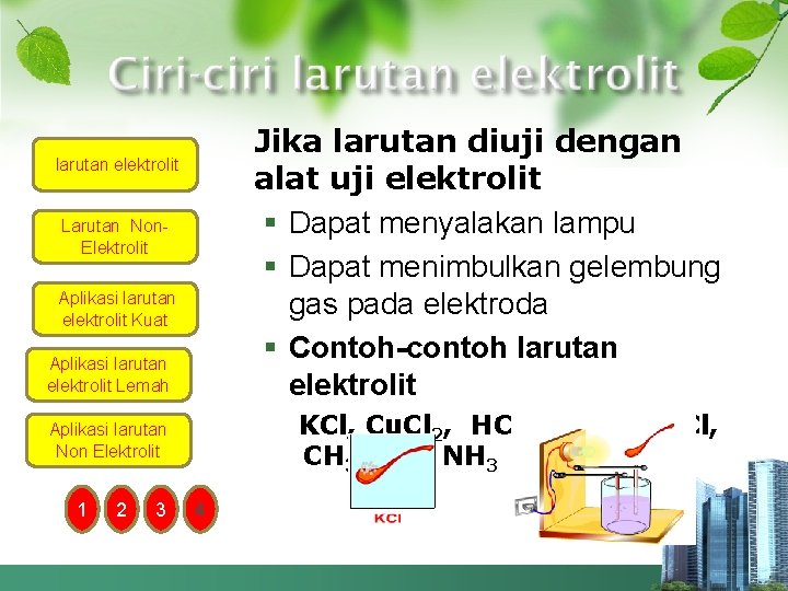 Jika larutan diuji dengan alat uji elektrolit § Dapat menyalakan lampu § Dapat menimbulkan