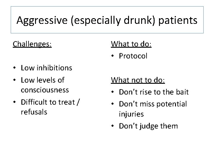 Aggressive (especially drunk) patients Challenges: • Low inhibitions • Low levels of consciousness •