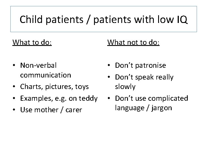 Child patients / patients with low IQ What to do: What not to do: