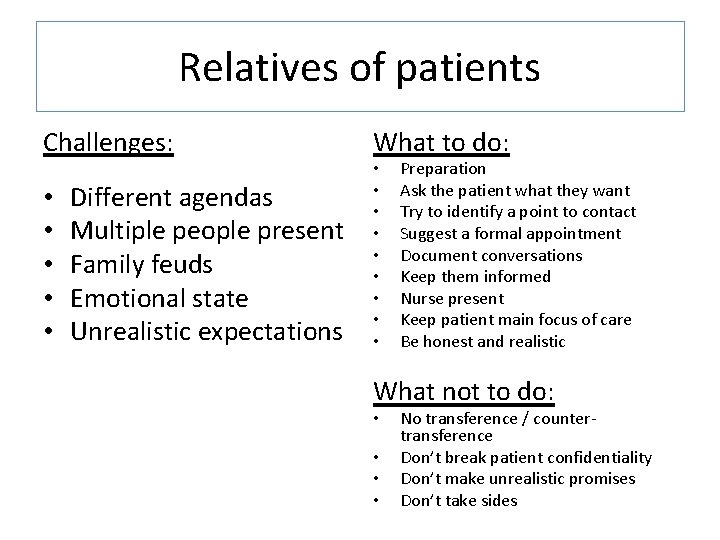 Relatives of patients Challenges: • • • Different agendas Multiple people present Family feuds