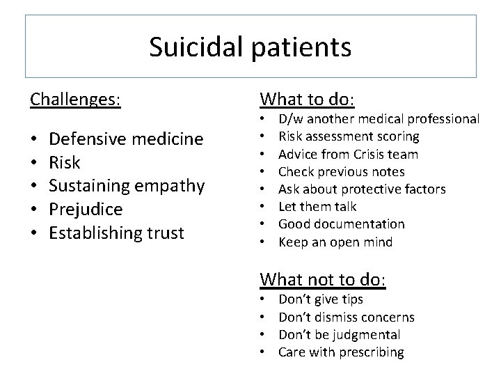 Suicidal patients Challenges: • • • Defensive medicine Risk Sustaining empathy Prejudice Establishing trust