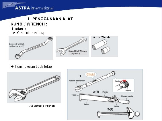 I. PENGGUNAAN ALAT KUNCI / WRENCH : Uraian : v Kunci ukuran tetap Socket