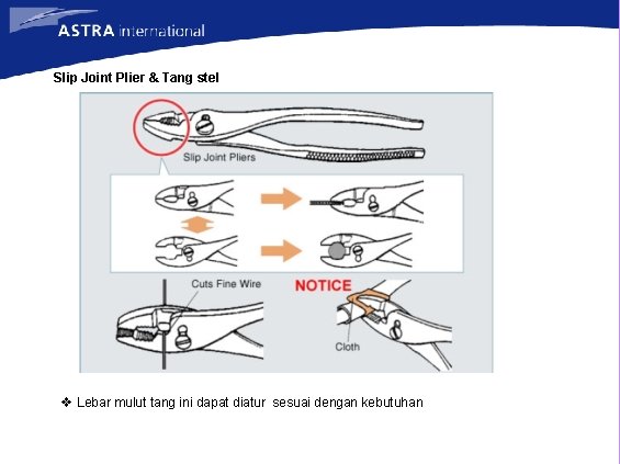 Slip Joint Plier & Tang stel v Lebar mulut tang ini dapat diatur sesuai