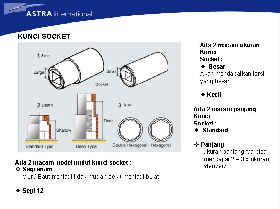 KUNCI SOCKET Ada 2 macam ukuran Kunci Socket : v Besar Akan mendapatkan torsi