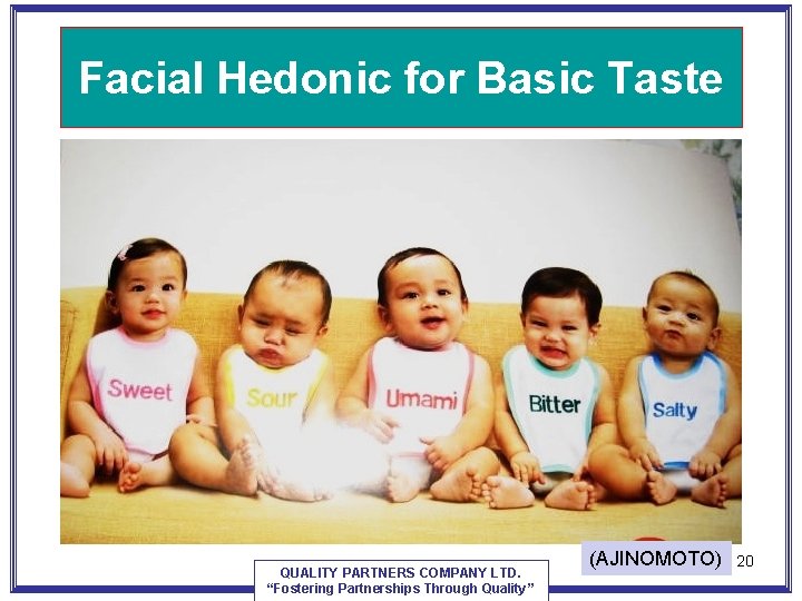 Facial Hedonic for Basic Taste QUALITY PARTNERS COMPANY LTD. “Fostering Partnerships Through Quality” (AJINOMOTO) Facial Hedonic for Basic Taste QUALITY PARTNERS COMPANY LTD. “Fostering Partnerships Through Quality” (AJINOMOTO)