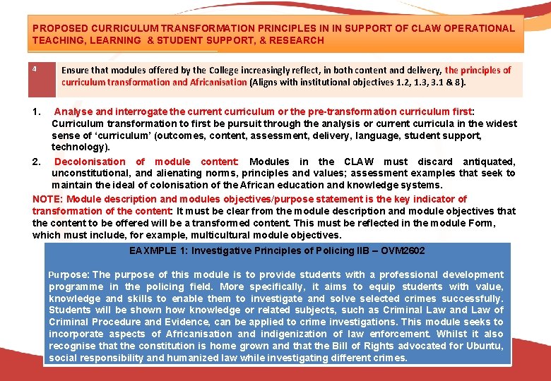 PROPOSED CURRICULUM TRANSFORMATION PRINCIPLES IN IN SUPPORT OF CLAW OPERATIONAL TEACHING, LEARNING & STUDENT