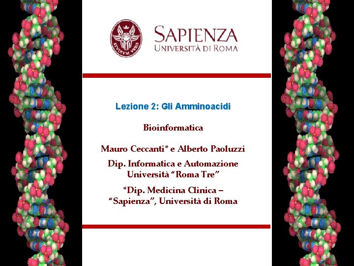Lezione 2: Gli Amminoacidi Bioinformatica Mauro Ceccanti* e Alberto Paoluzzi Dip. Informatica e Automazione
