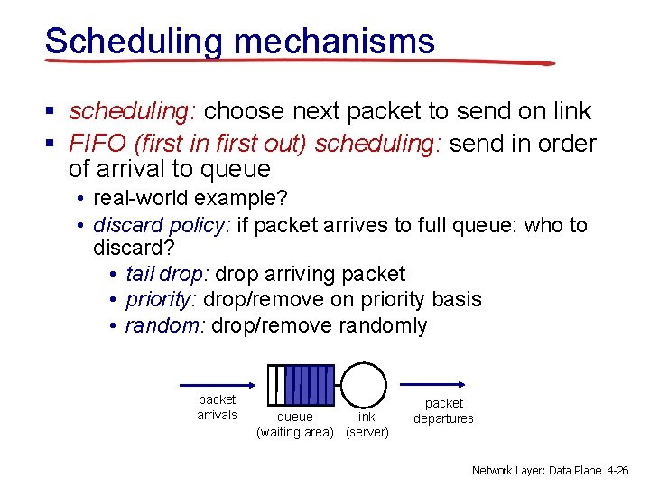 Scheduling mechanisms § scheduling: choose next packet to send on link § FIFO (first