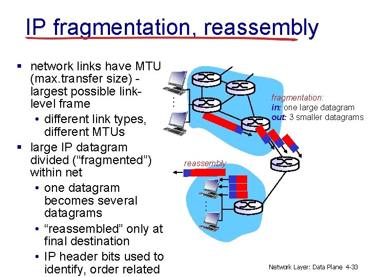 IP fragmentation, reassembly fragmentation: in: one large datagram out: 3 smaller datagrams … reassembly