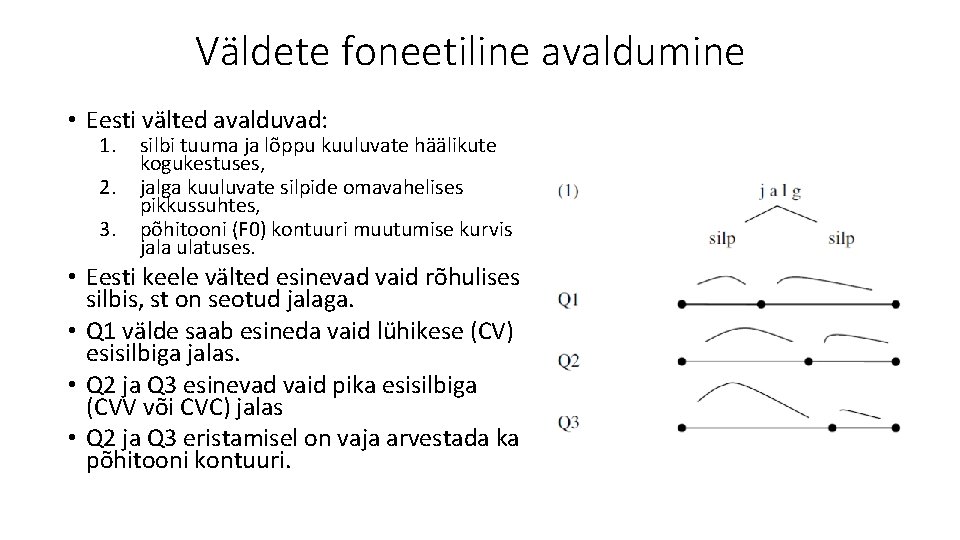 Väldete foneetiline avaldumine • Eesti välted avalduvad: 1. 2. 3. silbi tuuma ja lõppu