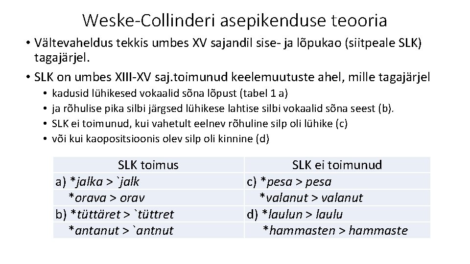 Weske-Collinderi asepikenduse teooria • Vältevaheldus tekkis umbes XV sajandil sise- ja lõpukao (siitpeale SLK)