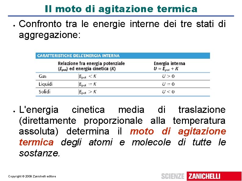 Il moto di agitazione termica Confronto tra le energie interne dei tre stati di Il moto di agitazione termica Confronto tra le energie interne dei tre stati di