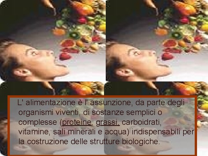  L' alimentazione è l' assunzione, da parte degli organismi viventi, di sostanze semplici