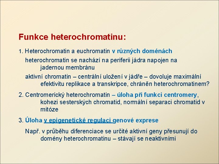 Funkce heterochromatinu: 1. Heterochromatin a euchromatin v různých doménách heterochromatin se nachází na periferii