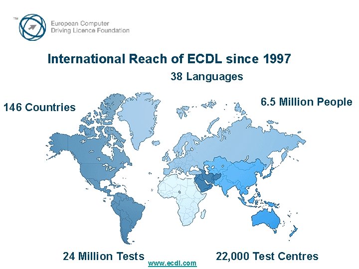 International Reach of ECDL since 1997 38 Languages 6. 5 Million People 146 Countries International Reach of ECDL since 1997 38 Languages 6. 5 Million People 146 Countries