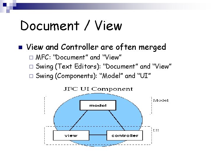 Document / View n View and Controller are often merged MFC: “Document” and “View”