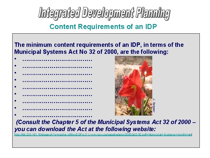 Content Requirements of an IDP J. Vergeer The minimum content requirements of an IDP,