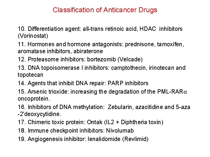 Classification of Anticancer Drugs 10. Differentiation agent: all-trans retinoic acid, HDAC inhibitors (Vorinostat) 11.