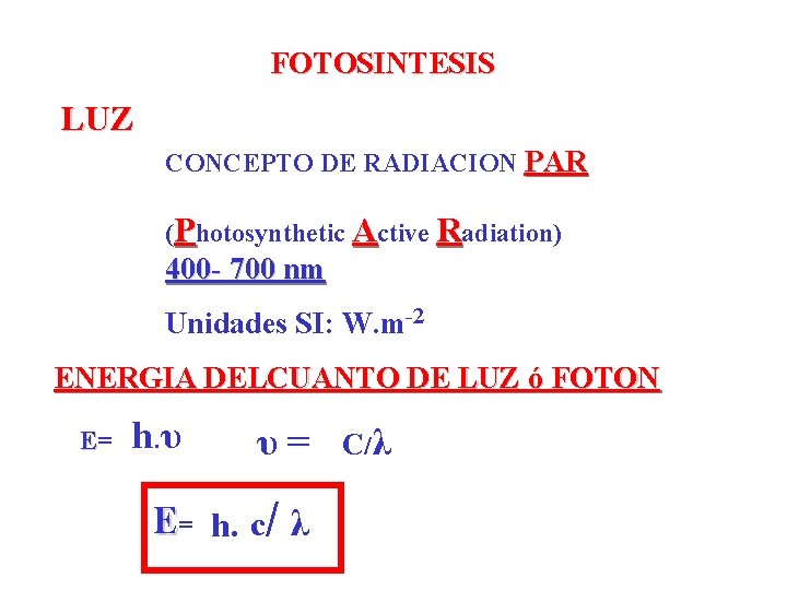 FOTOSINTESIS LUZ CONCEPTO DE RADIACION PAR (Photosynthetic Active Radiation) 400 - 700 nm Unidades