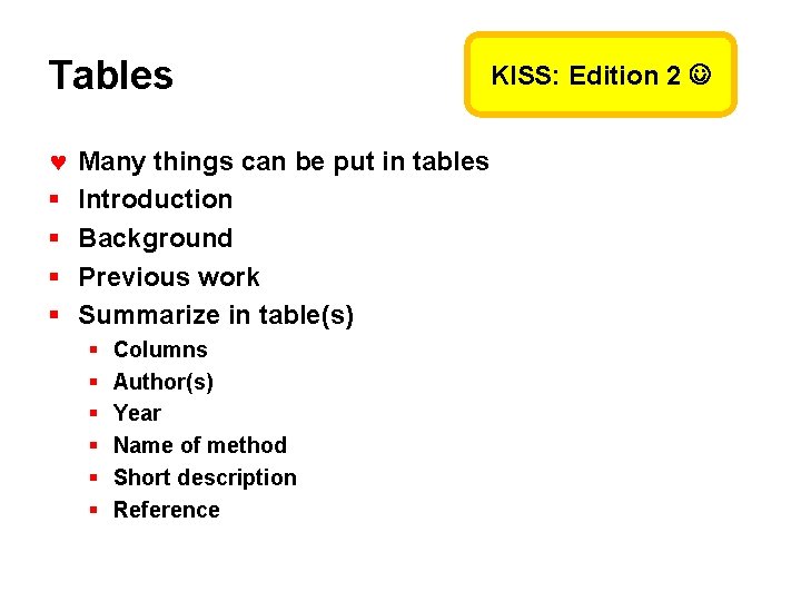 Tables § § Many things can be put in tables Introduction Background Previous work Tables § § Many things can be put in tables Introduction Background Previous work