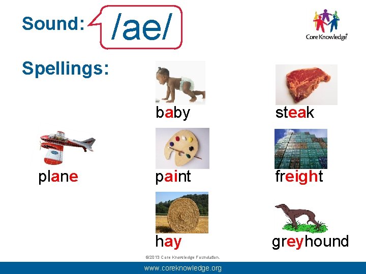 Sound: /ae/ Spellings: plane baby steak paint freight hay greyhound © 2013 Core Knowledge