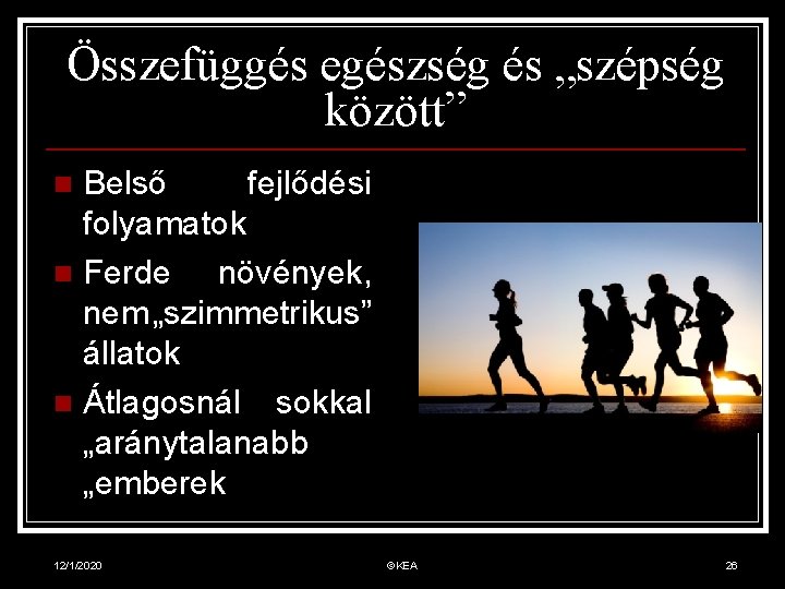 Összefüggés egészség és „szépség között” Belső fejlődési folyamatok n Ferde növények, nem „szimmetrikus” állatok