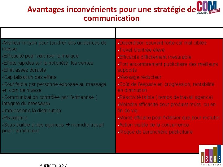 Avantages inconvénients pour une stratégie de communication Avantages §Meilleur moyen pour toucher des audiences Avantages inconvénients pour une stratégie de communication Avantages §Meilleur moyen pour toucher des audiences